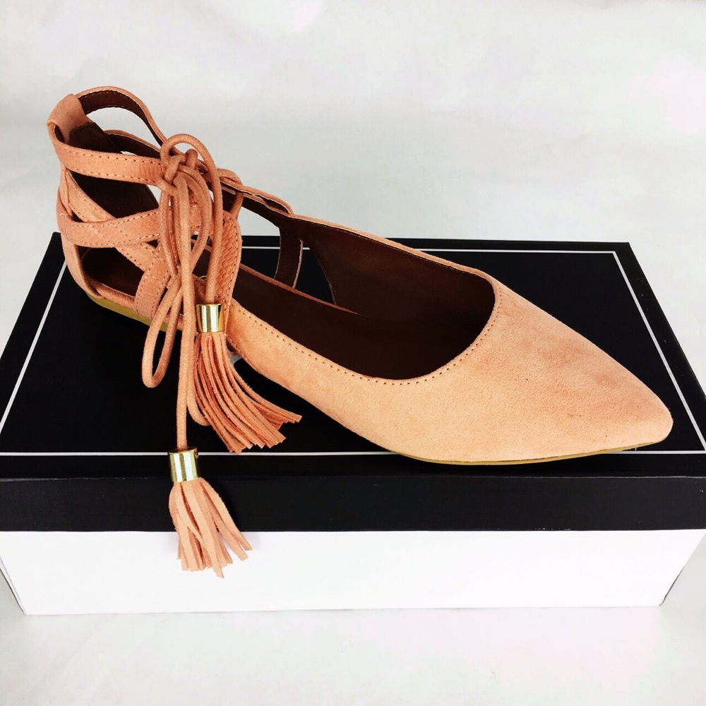 Qupid Pink Pointy Toe Lace Up Ballet Flats Sandals